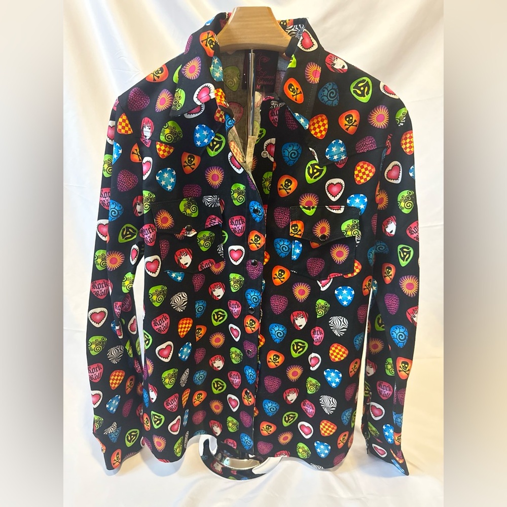 Loyal Threads NWT Women's Guitar Pick W/ Skulls Button Long Sleeve Black Size M